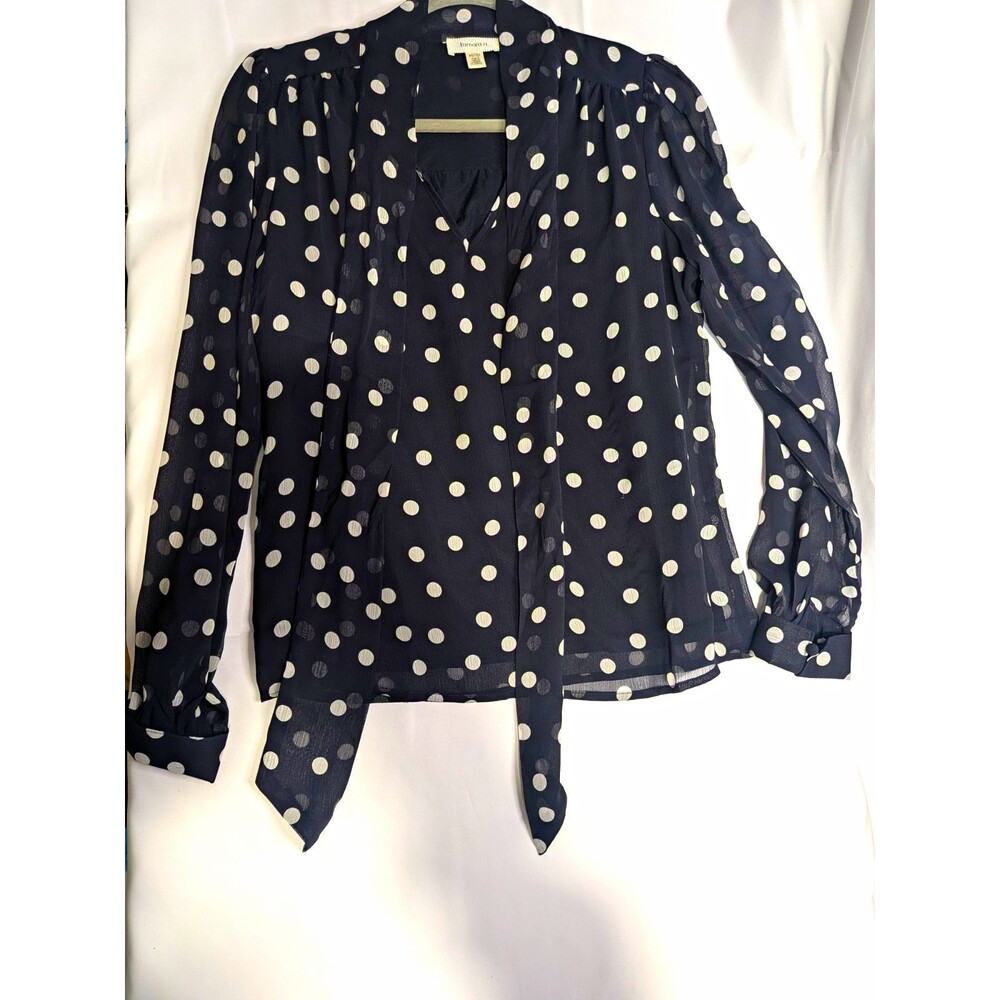 Tamara H. Navy/White Polka Dot Sheer Chiffon Tie Neck V-Neck Blouse Women’s M